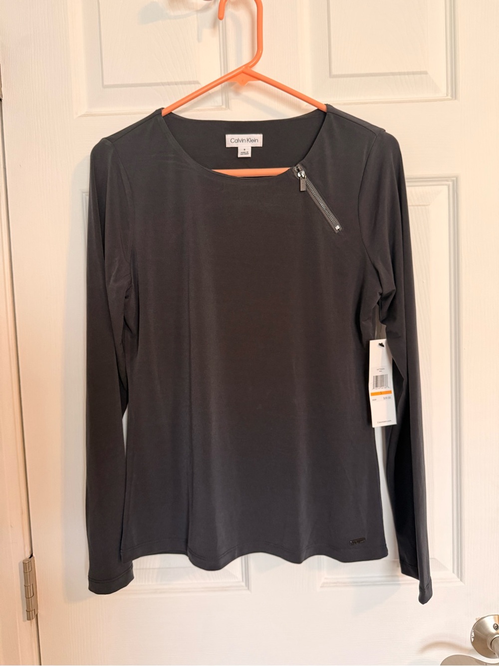 Calvin Klein Dark Gray Long-Sleeve Top with Asymmetric Zip